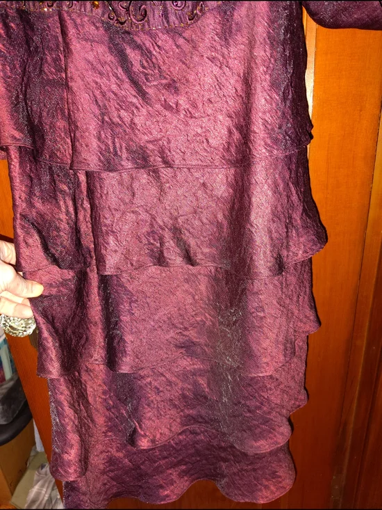 Women's Shimmery Beaded Burgundy Tiered Dress with Cropped Jacket - Picture 7 of 7